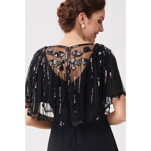 🆕 Women Black Sequin Beaded Evening Cape Zig Zag Themed Party Dress Shawl Wraps - Picture 4 of 6